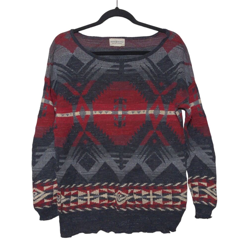 Ralph Lauren Denim & Supply Womens Crewneck Sweater Red Gray Southwestern XL